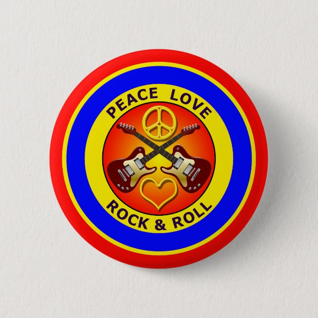 PEACE LOVE ROCK AND ROLL 2 INCH ROUND BUTTON (Front)