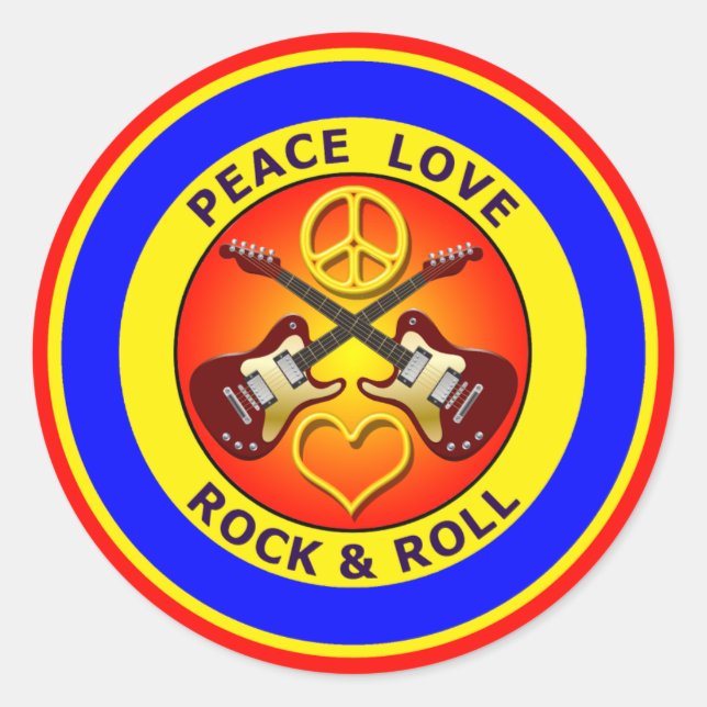 PEACE LOVE ROCK AND ROLL CLASSIC ROUND STICKER (Front)