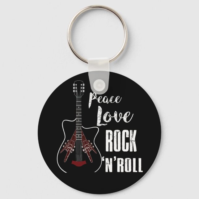 Peace Love Rock And Roll Guitar Retro Hippie Keychain (Front)