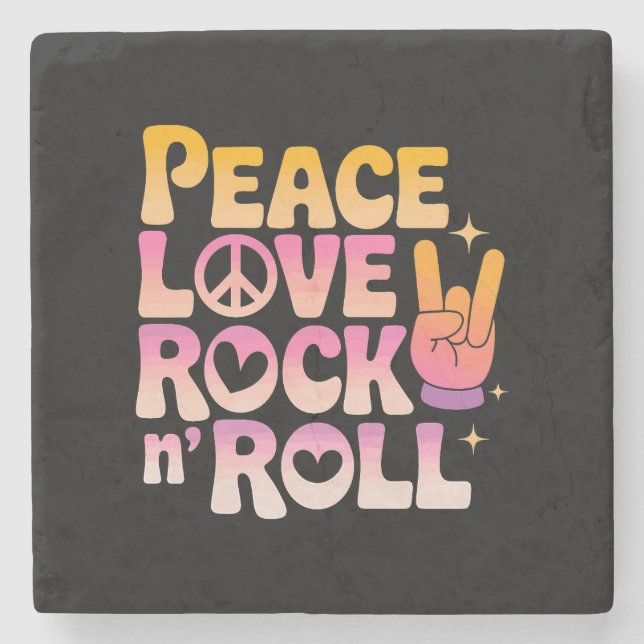 Peace Love Rock n Roll - Music-Inspired Typography Stone Coaster (Front)
