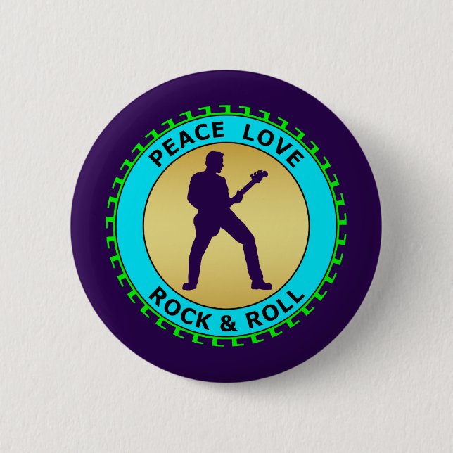 PEACE LOVE ROCK & ROLL 2 INCH ROUND BUTTON (Front)