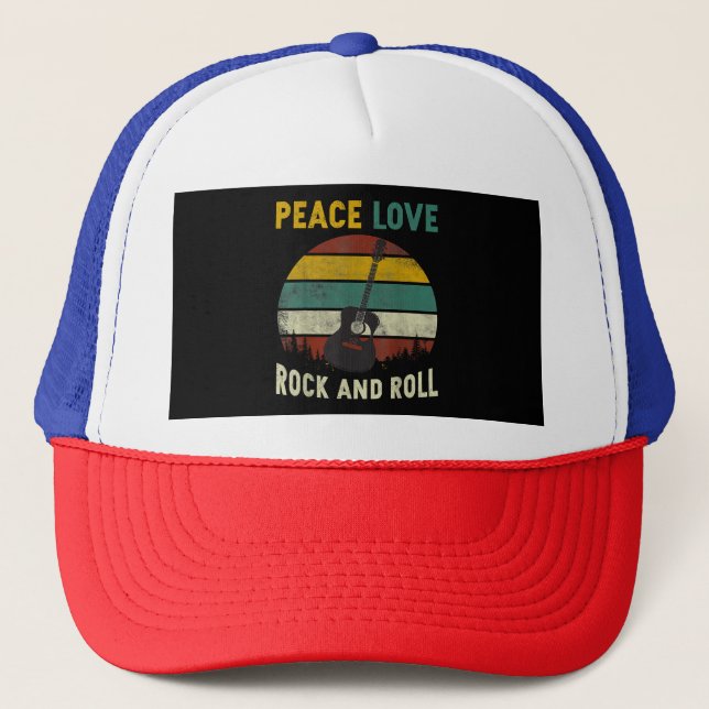 Peace Love & Rock & Roll Guitar Player Guitarist V Trucker Hat (Front)