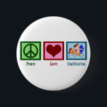 Peace Love Sagittarius 2 Inch Round Button<br><div class="desc">A peace sign,  heart,  and the centaur representing the Sagittarius astrology sign for birthdays from November 22 through December 21.</div>