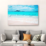 Peace Love Sandy Feet Hawaii Tropical Beach Photo Canvas Print<br><div class="desc">“Peace, love & sandy feet.” Remind yourself of the fresh salt smell of the ocean air whenever you gaze at this stunning, vibrantly-coloured photo art canvas. Exhale and explore the solitude of an empty Hawaiian beach. Makes a great uplifting and inspirational gift! You can easily personalize this wall art plus...</div>