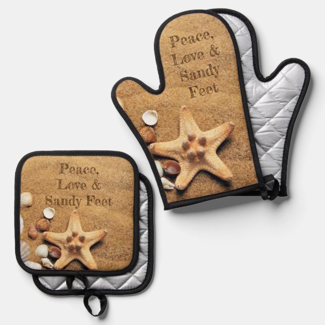 Peace, Love & Sandy Feet Oven Mitt & Pot Holder Set (Front/Back)