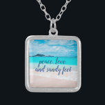 Peace Love Sandy Feet Tropical Hawaii Beach Photo Silver Plated Necklace<br><div class="desc">“Peace, love & sandy feet.” Remind yourself of the fresh salt smell of the ocean air whenever you wear this stunning, vibrantly-coloured photo charm necklace. This necklace comes in small, medium and large sizes, as well as both square and circle shapes. You can order this necklace in your choice of...</div>