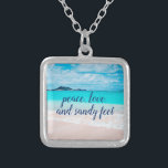 Peace Love Sandy Feet Tropical Hawaii Beach Photo Silver Plated Necklace<br><div class="desc">“Peace, love & sandy feet.” Remind yourself of the fresh salt smell of the ocean air whenever you wear this stunning, vibrantly-coloured photo charm necklace. This necklace comes in small, medium and large sizes, as well as both square and circle shapes. You can order this necklace in your choice of...</div>