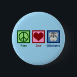 Peace Love Schnauzers 2 Inch Round Button<br><div class="desc">A cool schnauzer dog owner featuring a pretty peace sign,  heart,  and cute schnauzer face. Peace Love Schnauzers.</div>