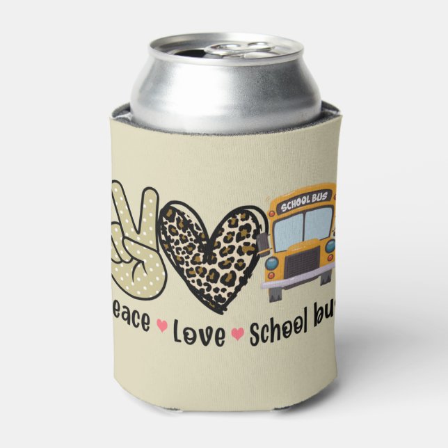 Peace, Love, School Bus Can Cooler (Can Front)
