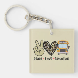 Peace, Love, School Bus Keychain