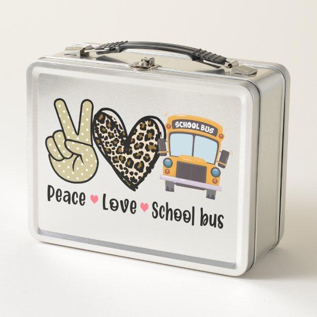 Peace, Love, School Bus Metal Lunch Box (Front)