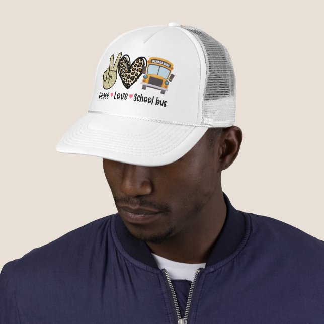 Peace, Love, School Bus Trucker Hat (In Situ)