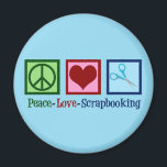 Peace Love Scrapbooking Magnet<br><div class="desc">Peace Love Scrapbooking. A beautiful scrapbooker gift with a pretty peace sign, heart, and cute pair of scissors perfect for designing and crafting a scrapbook of photos and memories.</div>