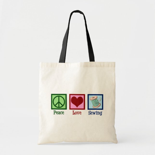 Peace Love Sewing Cute Seamstress Tote Bag (Front)