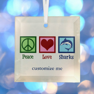 Peace Love Sharks Cute Custom Shark Christmas Glass Ornament