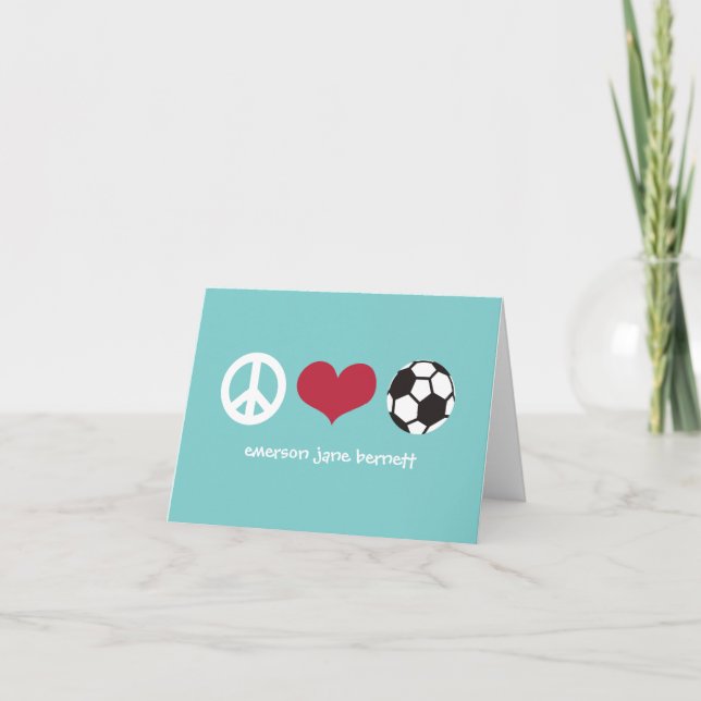 Peace, Love, Soccer Aqua Thank You Card (Front)