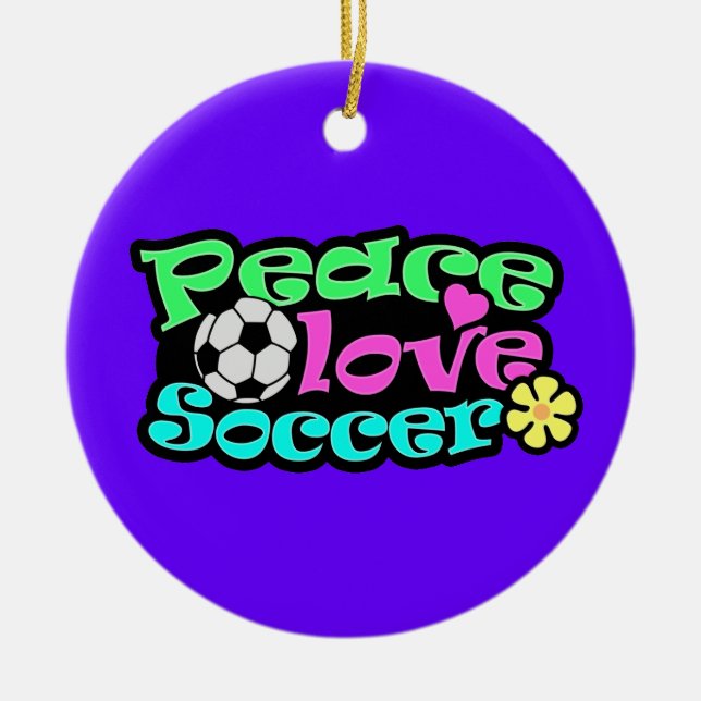 Peace, Love, Soccer; Retro Ceramic Ornament (Front)