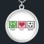 Peace Love Soccer Silver Plated Necklace<br><div class="desc">A peace sign,  heart,  and a soccer ball.</div>