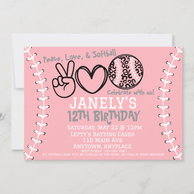 Peace Love Softball Birthday Invitation (Front)