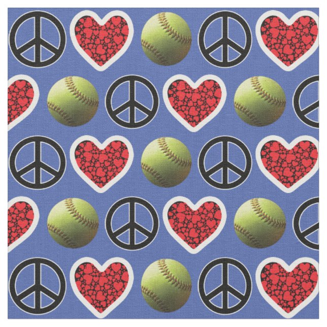 Peace, Love, Softball on Blue Design Fabric (Close Up)