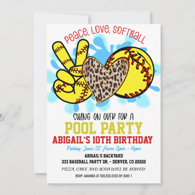  Peace Love Softball Pool Party Invitation (Front)