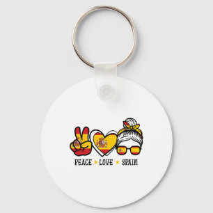 Peace Love Spain Messy Bun Spanish Soccer Fan Wome Keychain