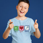 Peace Love Squash Racquet Sports Kids T-Shirt<br><div class="desc">Peace Love Squash kids t-shirt for a child player of the sport,  featuring a peace sign,  heart,  and racquet.</div>