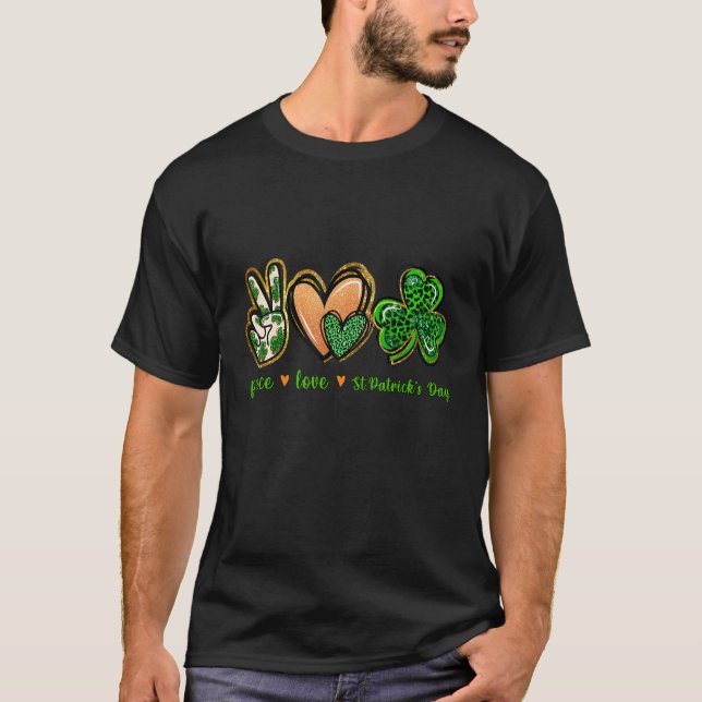 Peace Love St Patrick's Day Leopard Lucky Shamrock T-Shirt (Front)
