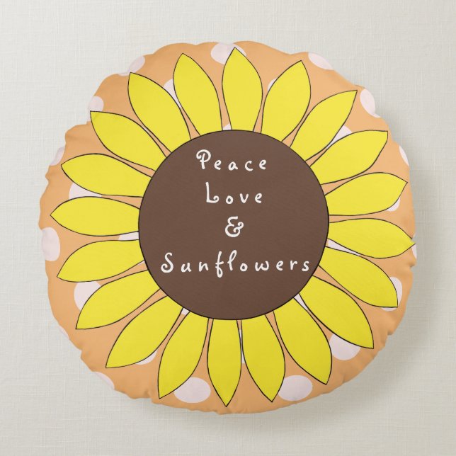 Peace Love & Sunflowers Round Polka dot Pillow (Front)