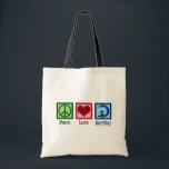 Peace Love Surfing Tote Bag<br><div class="desc">Peace Love Surfing Gift. An awesome surfing design with a peace sign, heart, and a cool surfer on a surfboard riding blue waves. I love going to the ocean when the surf is wild.</div>