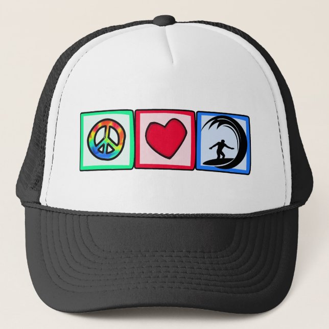 Peace, Love, Surfing Trucker Hat (Front)