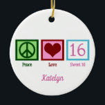 Peace Love Sweet 16 Cute 16th Birthday Custom Ceramic Ornament<br><div class="desc">The perfect sixteenth birthday gift for a teenage girl. Peace Love Sweet 16 with your pretty monogram in pink.</div>