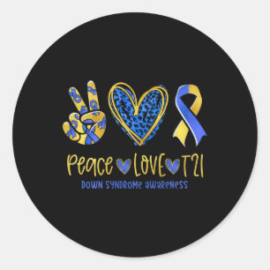 Peace Love T21 Blue Yellow Ribbon Down Syndrome Aw Classic Round Sticker
