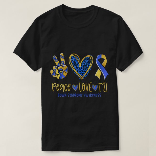 Peace Love T21 Blue Yellow Ribbon Down Syndrome Aw T-Shirt (Design Front)