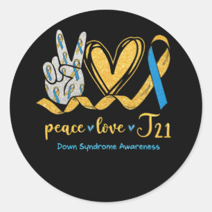Peace Love T21 Blue Yellow Ribbon Down Syndrome Classic Round Sticker