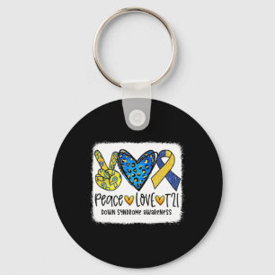 Peace Love T21 Cure Blue Yellow Down Syndrome Awar Keychain