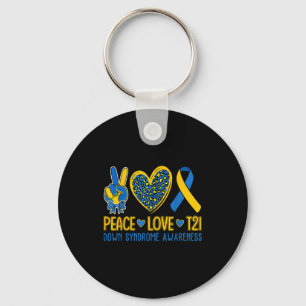 Peace love t21 down syndrome awareness ribbon men keychain