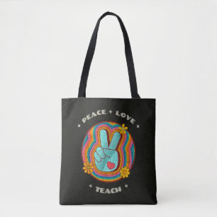 Peace Love Teach Vintage Retro 70s Hippie Tote Bag