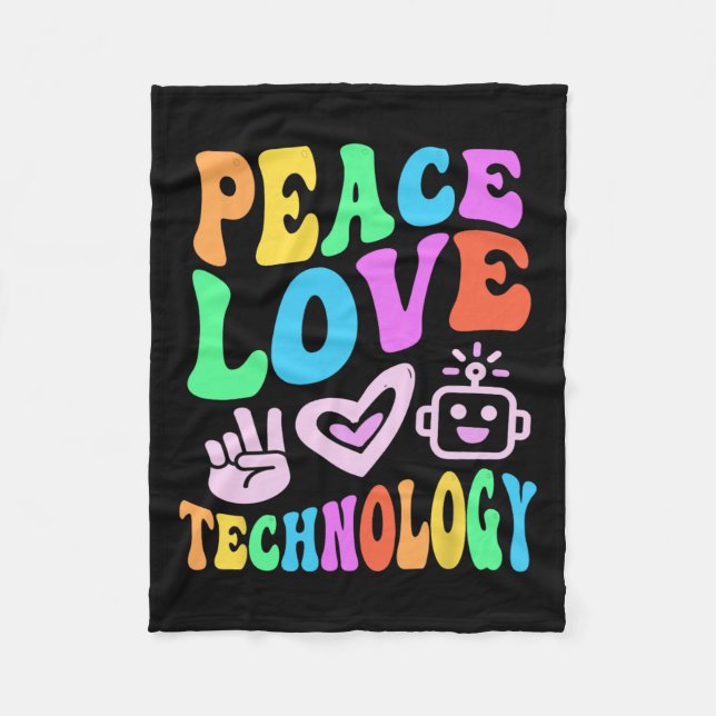 Peace Love Technology Retro Computer Teacher Vibes Fleece Blanket (Front)