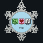Peace Love Theatre Cute Monogram Actor Snowflake Pewter Christmas Ornament<br><div class="desc">A peace sign,  heart,  and drama masks symbolizing acting. A cute theatre Christmas ornament for an actor in drama club or a theatre company. Peace Love Theatre.</div>