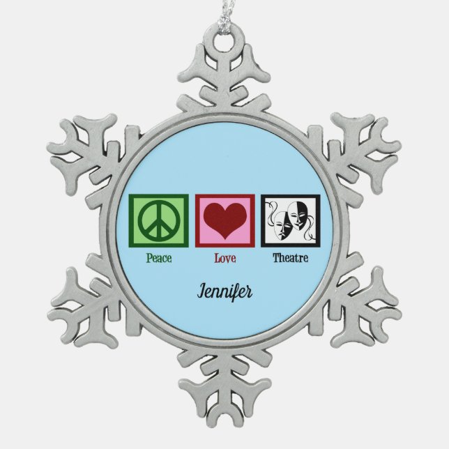 Peace Love Theatre Cute Monogram Actor Snowflake Pewter Christmas Ornament (Front)