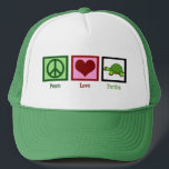 Peace Love Turtles Trucker Hat<br><div class="desc">A green peace sign, a heart, and an adorable turtle.</div>