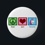 Peace Love Unicorns 2 Inch Round Button<br><div class="desc">A green peace sign,  a red heart,  and a pretty unicorn with a cute purple mane. I love fantasy animals and unicorns are my favourite. Add this beautiful unicorn gift to your collection.</div>