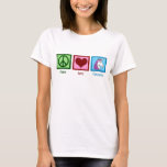 Peace Love Unicorns T-Shirt<br><div class="desc">A green peace sign,  a red heart,  and a pretty unicorn with a cute purple mane. I love fantasy animals and unicorns are my favorite. Add this beautiful unicorn t-shirt to your collection.</div>