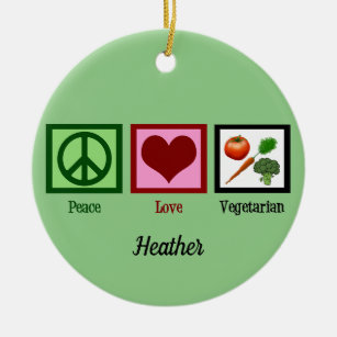 Peace Love Vegetarian Green Monogram Christmas Ceramic Ornament