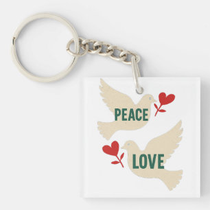 Peace & Love Vintage Dove Art with Heart Motif Keychain