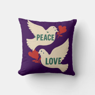 Peace & Love Vintage Dove Art with Heart Motif Throw Pillow