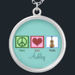 Peace Love Violins Custom Teal Silver Plated Necklace<br><div class="desc">A peace sign,  heart,  and a violin. A cute personalized jewellery gift for a violinist.</div>