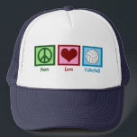 Peace Love Volleyball Trucker Hat<br><div class="desc">A peace sign, heart, and a pretty volleyball on a blue square. I love volleyball, beach, indoor, you name it!</div>