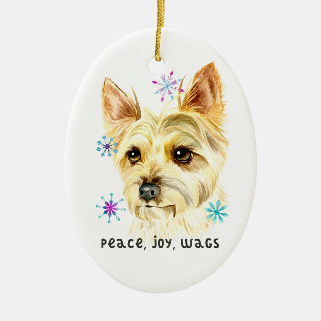 Peace Love Wags Christmas Yorkie Dog Ceramic Ornament (Front)